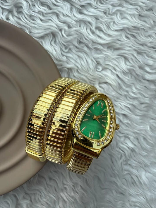 Yeşil Kadranlı Altın Renk Yılan Formlu Kadın Kol Saati★★★★★